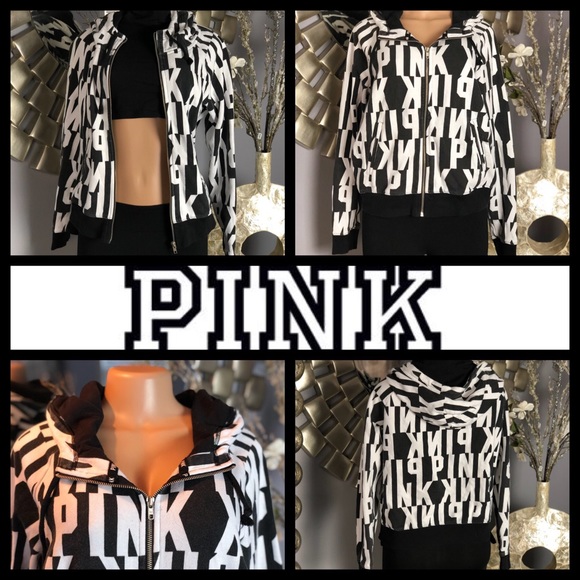 PINK Victoria's Secret Tops - PINK Full Zip Hoodie Black & White Logo